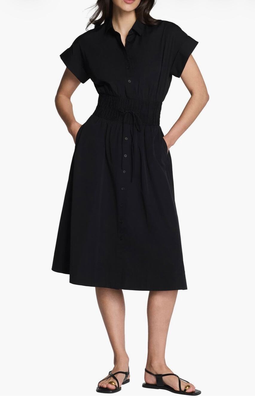 SPANX Smocked Button-Up Midi Dress - Stylish Black XL NEW with tags